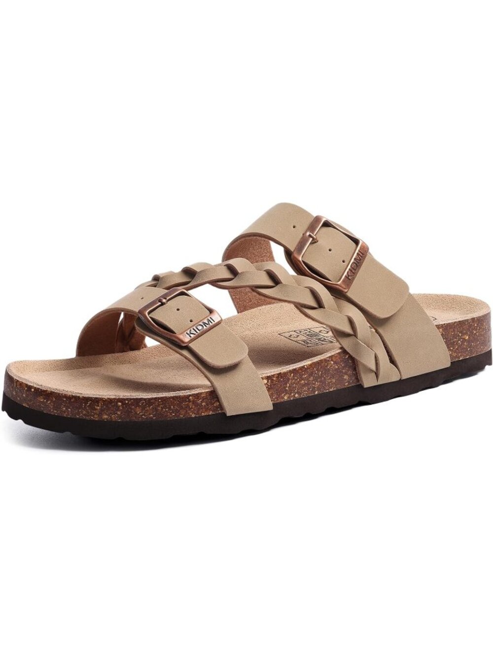 Women's Apricot Slide Flat Sandals Cork Footbed Slip-On Adjustable Buckle Shoes
